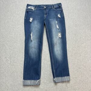 Ariya Jeans Cuffed Pants Women's 15/16 Blue Distressed Denim Lace Detail Raw Hem